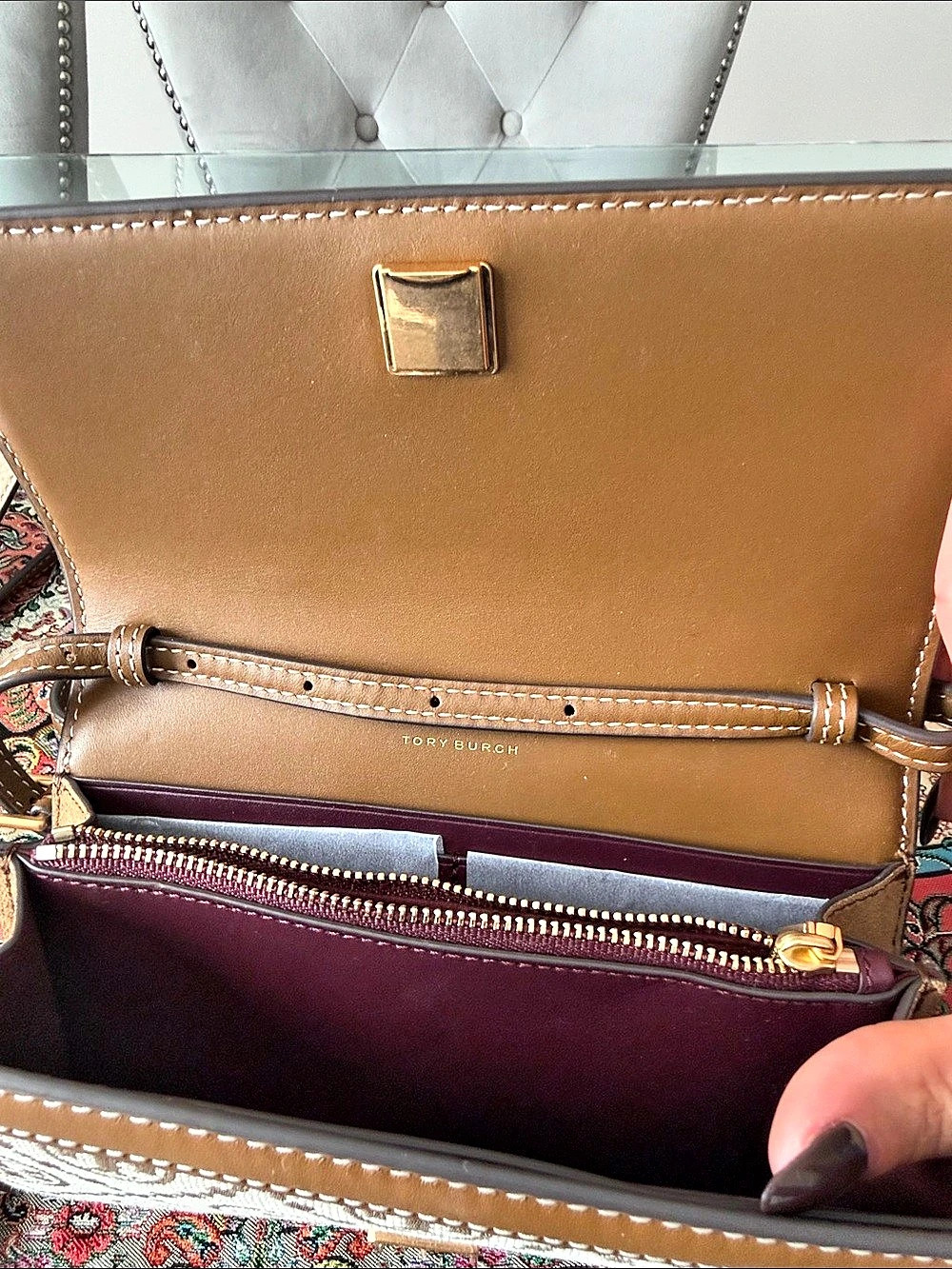 Tory Burch T Monogram Jacquard Chain Wallet Crossbody Brown & Cream - Picture 4 of 6